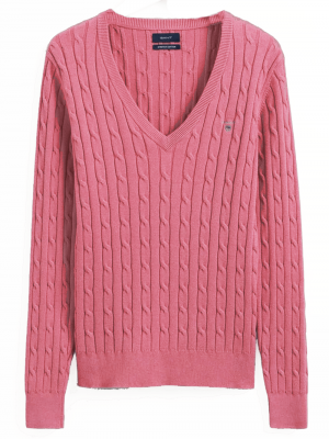 V-neck sweater in stretch cotton with cables