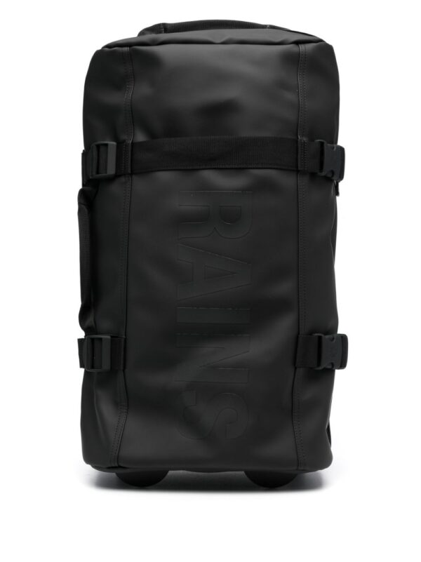 striped suitcase with printed logo