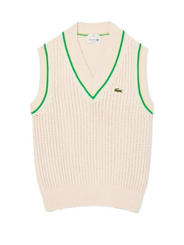 Sleeveless crochet effect knit sweater