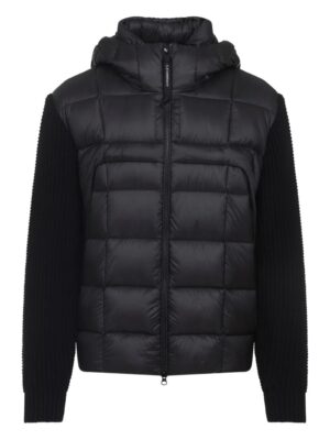 quilted jacket with hood and wool sleeves