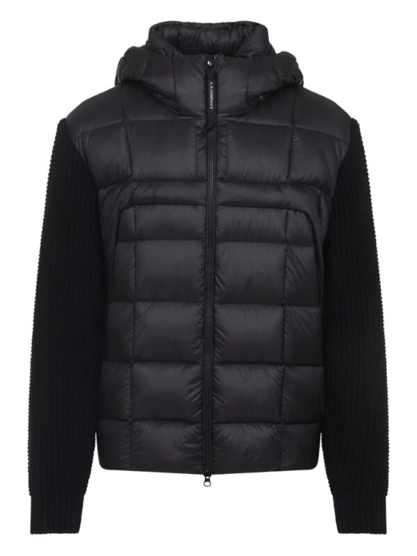 quilted jacket with hood and wool sleeves